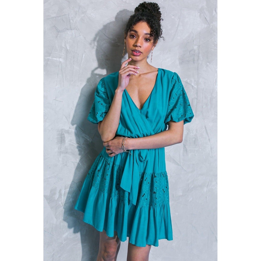 Flying Tomato "A VERY LONG ENGAGEMENT" WOVEN MINI DRESS, Teal Size Med